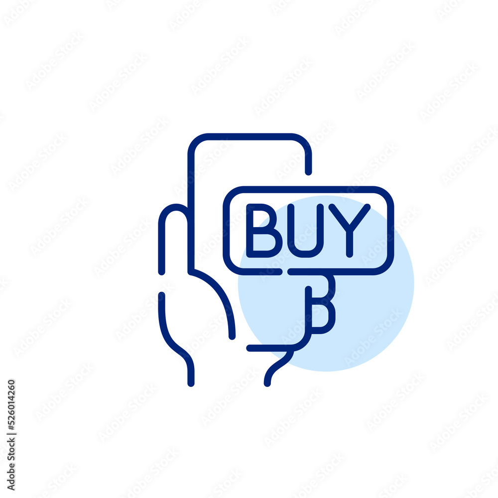 Hand holding smartphone with buy button. Pixel perfect, editable stroke line art icon Hand holding smartphone with buy button. Pixel perfect, editable stroke line art icon
