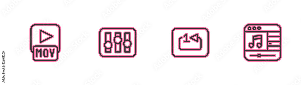 Set line MOV file, Repeat track music player, Sound mixer controller and Music icon. Vector Set line MOV file, Repeat track music player, Sound mixer controller and Music icon. Vector