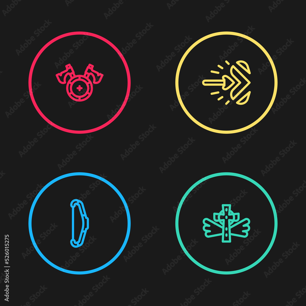 Set line Medieval bow, Christian cross, Magic arrow and shield with axe icon. Vector Set line Medieval bow, Christian cross, Magic arrow and shield with axe icon. Vector