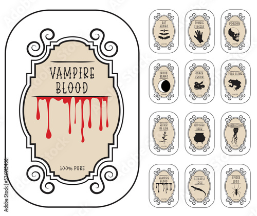 Halloween potion labels set. Scary bottle sticker