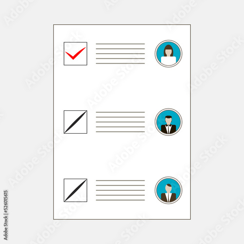 Form with candidates avatars. Ballot sheet for voting voters. Red tick marks choice. Black slanted lines indicate decision against challenger. Lines for entries between selection boxes and avatars. photo