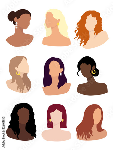 Vector female avatars. Various portrait girls with different hair color and hairstyles. 