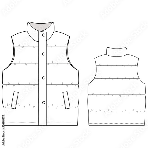 Oversized grosgrain-trimmed quilted vest. Vector Illustration isolated, front and back view. Technical drawing for fashion design