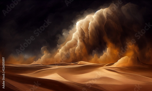 dramatic sand storm in night desert, background, digital art