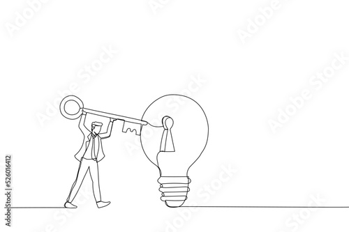 Illustration of smart businessman holding big key about to insert into key hold on lightbulb idea lamp. Metaphor for business idea, invention and creativity. One continuous line art style