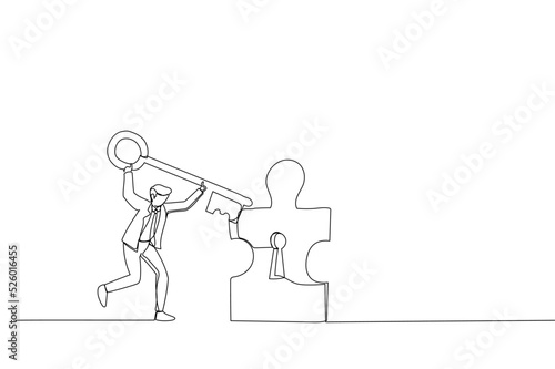 Cartoon of young businessman standing opening puzzle door with big key. Metaphor for achieving goal, solution and success. Single continuous line art style