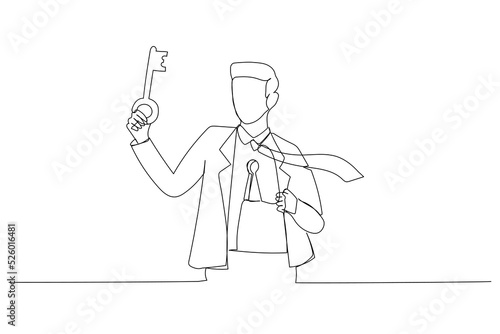 Drawing of businessman holding big key about to unlock keyhole on his body. Metaphor for reach true potential, personal career success. One line style art