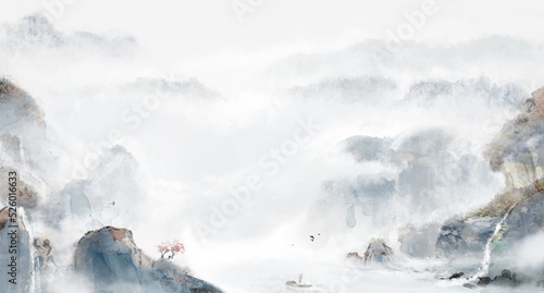 Chinese style blue artistic conception ink landscape illustration