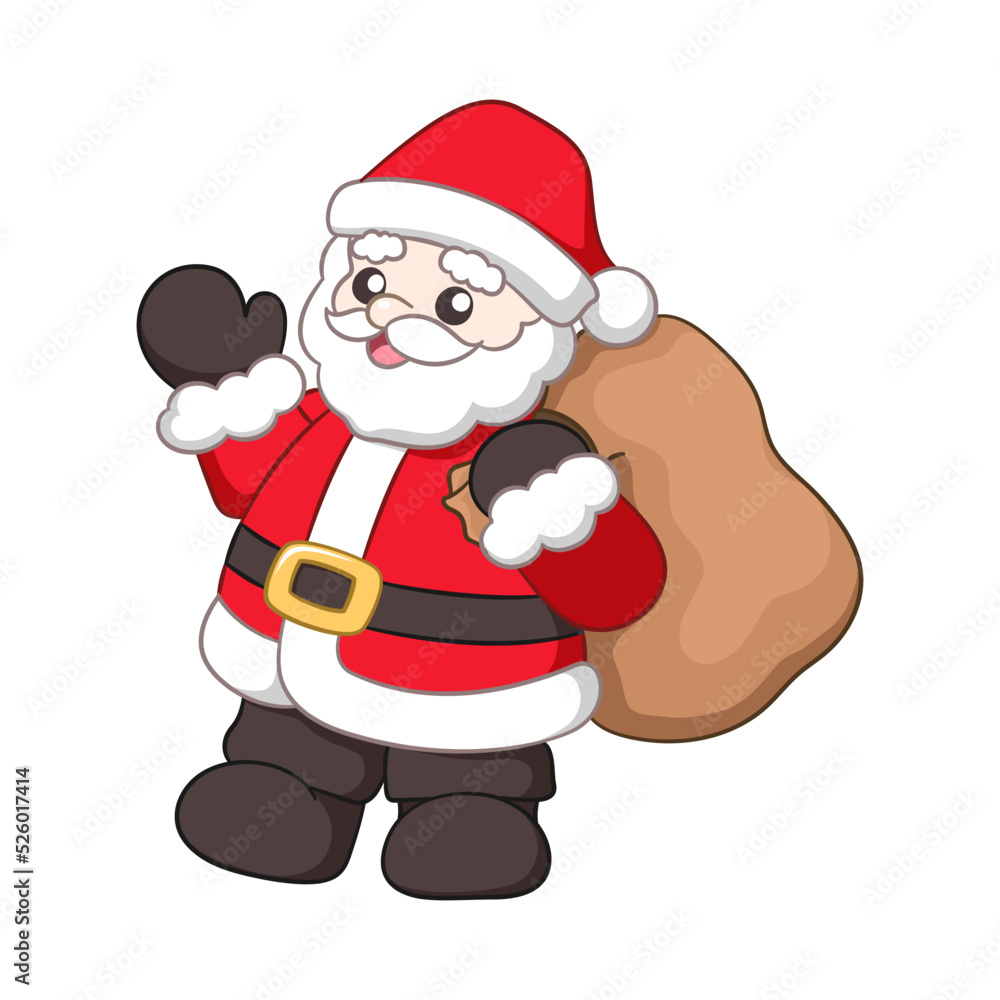 Santa Claus waving and holding a sack of presents cute cartoon illustration Santa Claus waving and holding a sack of presents cute cartoon illustration