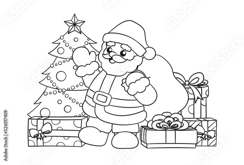 Santa Claus waving and holding a sack of presents next to a Christmas tree surrounded by colorful gift boxes cartoon illustration outline. Coloring book page printable activity worksheet for kids. photo
