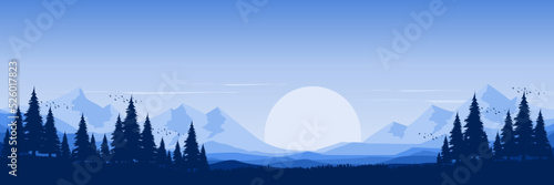 mountain landscape sunrise with tree silhouette vector illustration good for wallpaper, background, backdrop design, and design template 