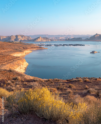 Morning sunrise over the rocky desert mountains and yellow flowers of Lake Powell in northern Page Arizona