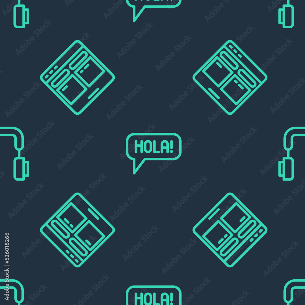 Set line Hola in different languages, Online translator and Headphones on seamless pattern. Vector Set line Hola in different languages, Online translator and Headphones on seamless pattern. Vector