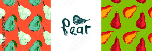 Multicolor pear background. Vector pears seamless pattern with fruit hand drawn pencil illustration for vegan banner, juice, baby food packaging, jam label design. Colour fruits backdrop. Green eating