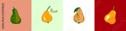 Pear drawing isolated. Hand drawn fruit sketch. Stencil style illustration of pear symbol for organic food logo, juice label design, baby food, vegetarian sign, fruity packaging. Vector vegan icon.
