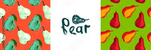 Multicolor pear background. Vector pears seamless pattern with fruit hand drawn pencil illustration for vegan banner, juice, baby food packaging, jam label design. Colour fruits backdrop. Green eating