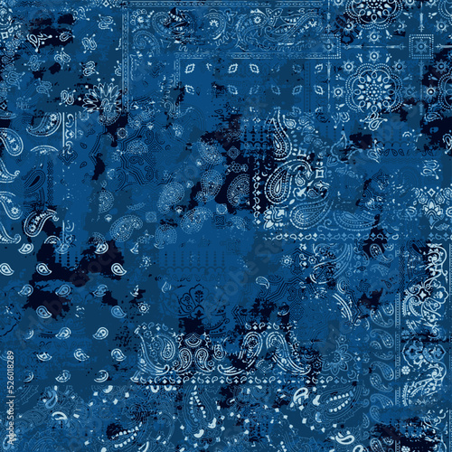 Blue bandana kerchief paisley fabric patchwork grunge abstract vector seamless pattern 