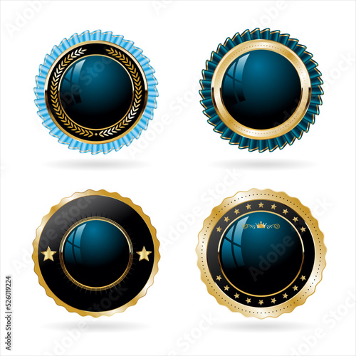 Collection of black blue and gold quality badges and labels 