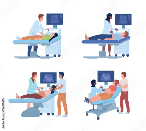 Ultrasound examination semi flat color vector characters set. Editable figures. Full body people on white. Medicine simple cartoon style illustrations for web graphic design and animation collection