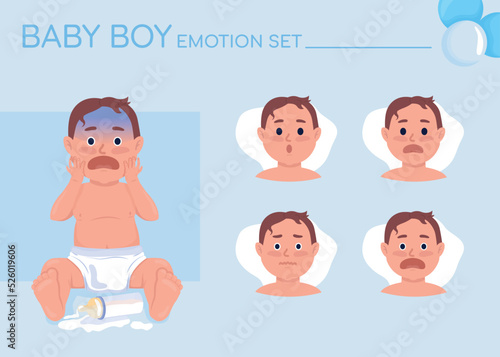 Confused baby boy semi flat color character emotions set. Editable facial expressions. Scared child vector style illustration for motion graphic design and animation. Quicksand font used