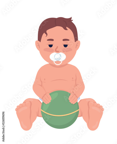 Tired baby boy with pacifier and ball semi flat color vector character. Editable figure. Full body person on white. Childhood simple cartoon style illustration for web graphic design and animation