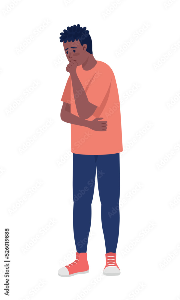 Thoughtful upset man semi flat color vector character. Editable figure. Full body person on white. Overthinking simple cartoon style illustration for web graphic design and animation