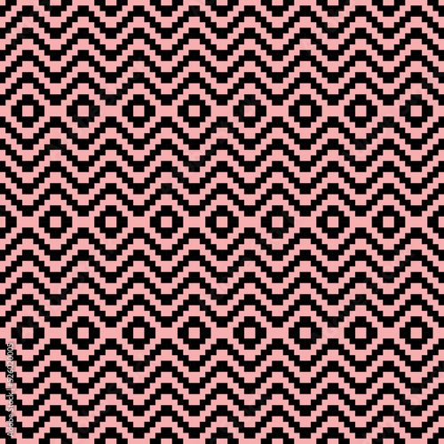 Abstract geometric pattern with black stripes lines in connected like wave and flower on pink background