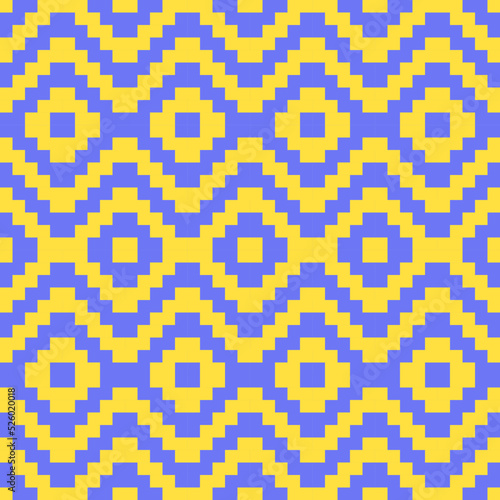 Abstract geometric pattern with blue or purple stripes lines connected like wave and flower on yellow background 
