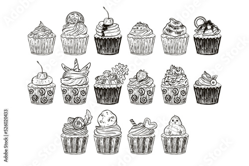 Set of Cup Cakes Hand Drawn Illustration