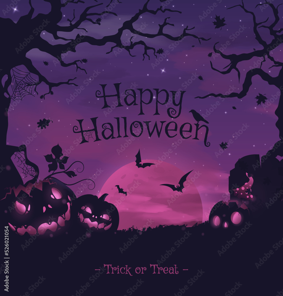 Happy halloween banner or party invitation background with violet fog clouds and pumpkins
