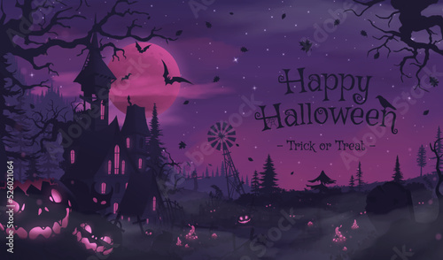 Happy halloween banner or party invitation background with violet fog clouds and pumpkins