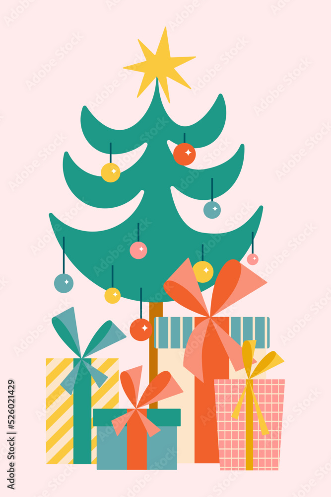 Christmas tree with cute gift boxes. Traditional xmasfir tree with golden star and sparkle baubles. Flat illustration for winter holidays graphic design.