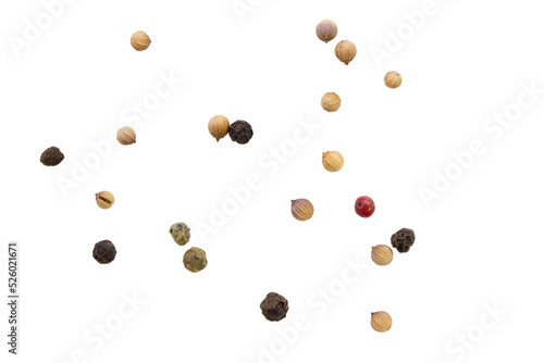 Fragrant, fragrant, colored peppercorns lies on a white background. A scattering of peppercorns on which the details are excellent. Macro shooting, texture details.White background.Top view. Isolated