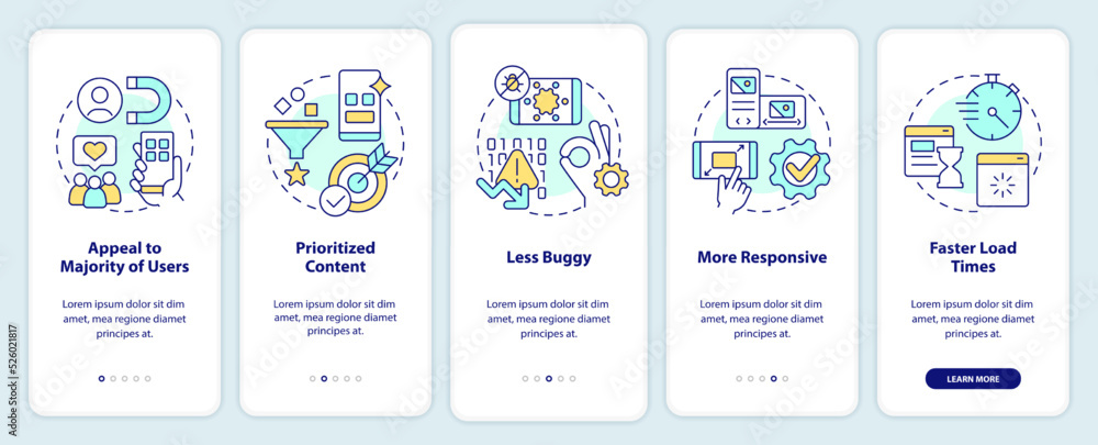 Advantages of mobile first design onboarding mobile app screen. Walkthrough 5 steps editable graphic instructions with linear concepts. UI, UX, GUI template. Myriad Pro-Bold, Regular fonts used