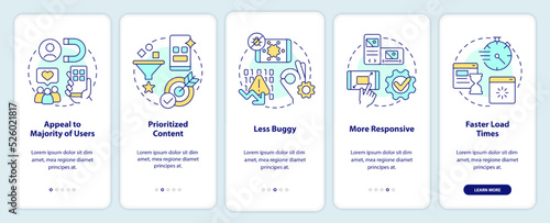 Advantages of mobile first design onboarding mobile app screen. Walkthrough 5 steps editable graphic instructions with linear concepts. UI, UX, GUI template. Myriad Pro-Bold, Regular fonts used
