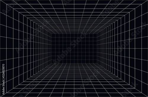 Vector perspective grid. 3d wireframe room. Futuristic digital box
