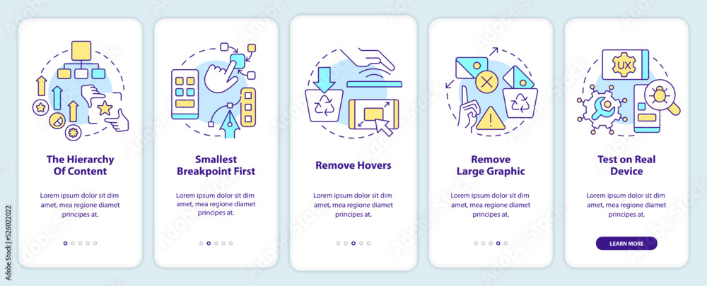 Mobile first design process onboarding mobile app screen. Walkthrough 5 steps editable graphic instructions with linear concepts. UI, UX, GUI template. Myriad Pro-Bold, Regular fonts used Mobile first design process onboarding mobile app screen. Walkthrough 5 steps editable graphic instructions with linear concepts. UI, UX, GUI template. Myriad Pro-Bold, Regular fonts used