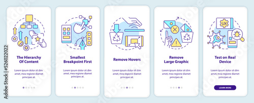 Mobile first design process onboarding mobile app screen. Walkthrough 5 steps editable graphic instructions with linear concepts. UI, UX, GUI template. Myriad Pro-Bold, Regular fonts used