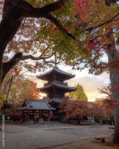Japanese temple with autumn sunset in the background.