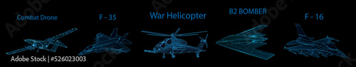 Combat drone, F35 Multirole Aircraft, War Helicopter, F16 Fighter Jet and B2 Bomber collection set