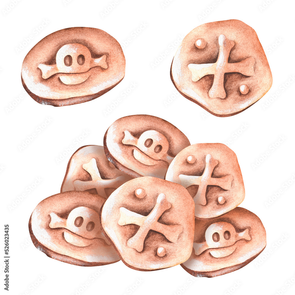 Pirate coins. Watercolor illustration. Isolated on a white background ...