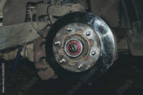 Spring meeting of owners of old cars in city Hagfors-Sweden. Disassembled vehicle wheel details photo