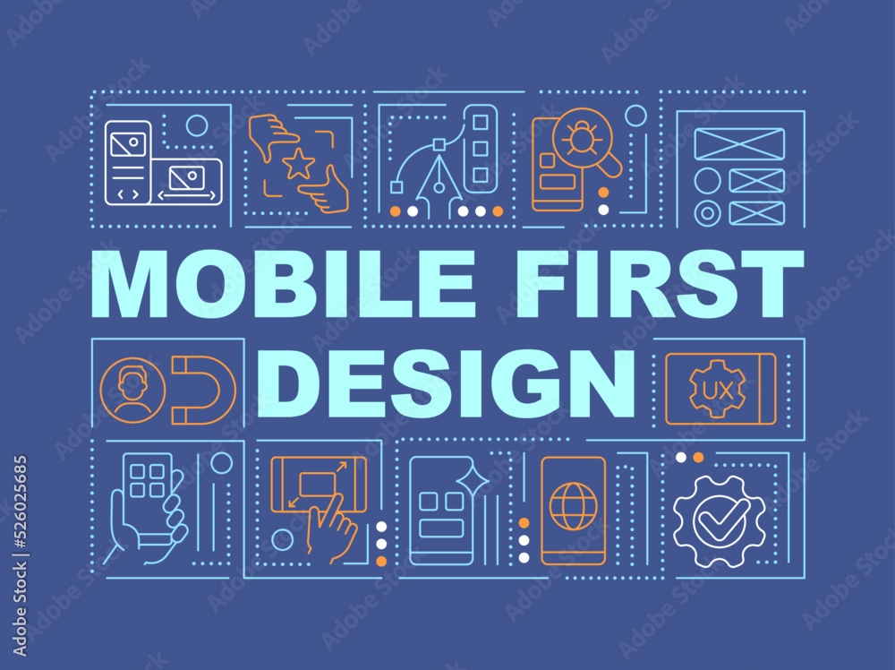 Mobile first design word concepts dark blue banner. Website development. Infographics with editable icons on color background. Isolated typography. Vector illustration with text. Arial-Black font used Mobile first design word concepts dark blue banner. Website development. Infographics with editable icons on color background. Isolated typography. Vector illustration with text. Arial-Black font used