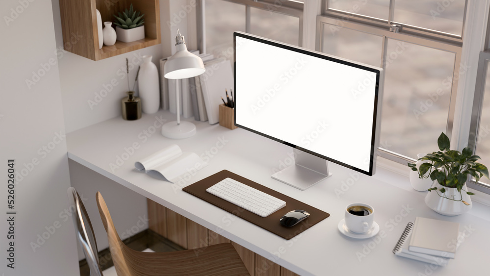Modern office desk workspace with white PC desktop computer mockup on white table Modern office desk workspace with white PC desktop computer mockup on white table
