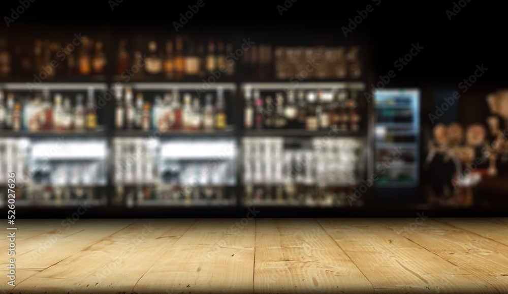 Desk of free space and blurred bar background. 