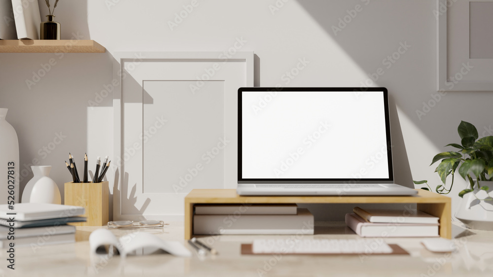 close-up, Modern white workspace with laptop mockup on wood laptop stand, stationery and decor close-up, Modern white workspace with laptop mockup on wood laptop stand, stationery and decor