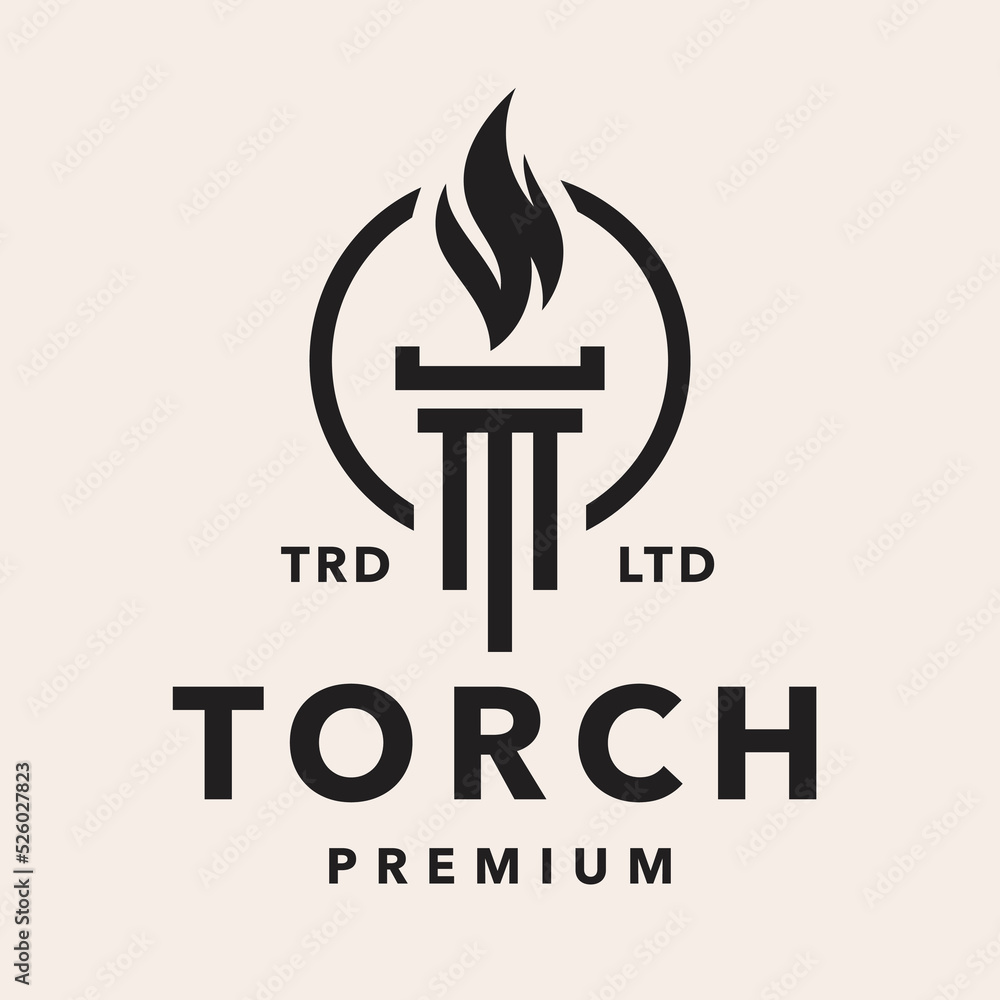 Law torch logo. Column and flame icon. Greek pillar and fire emblem. Liberty corporate company symbol. Legal institute sign. Vector illustration.