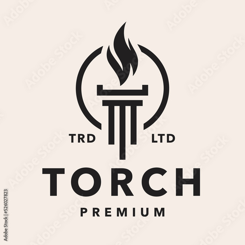 Law torch logo. Column and flame icon. Greek pillar and fire emblem. Liberty corporate company symbol. Legal institute sign. Vector illustration.