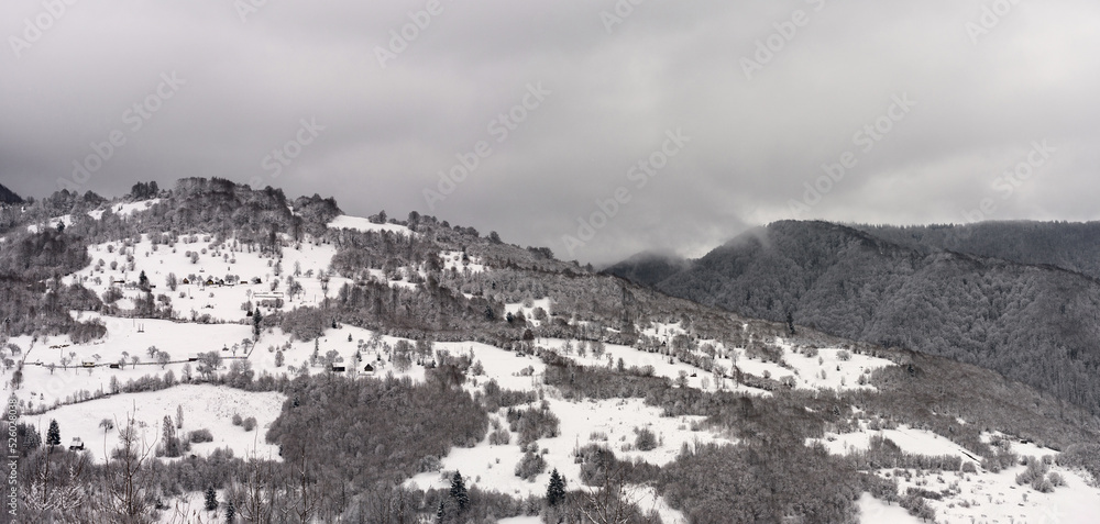 Winter mountain landscape. Winter mountain meadow in the Ukrainian Carpathians. Panorama from several shots.