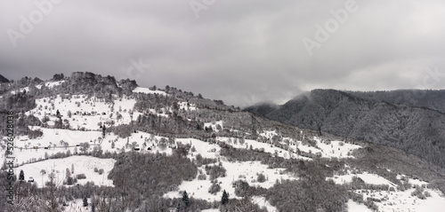 Winter mountain landscape. Winter mountain meadow in the Ukrainian Carpathians. Panorama from several shots. © Oleksiy